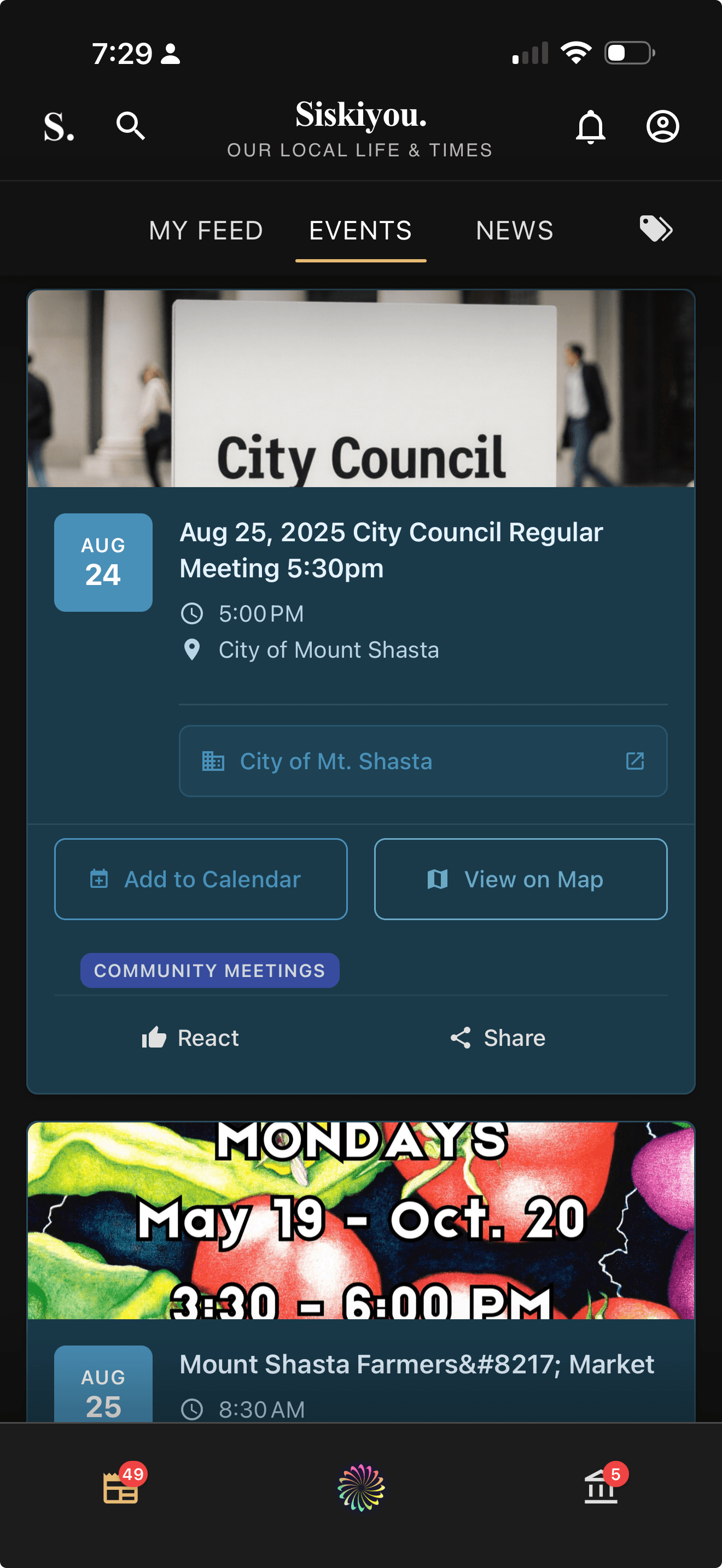 Siskiyou app — home screen