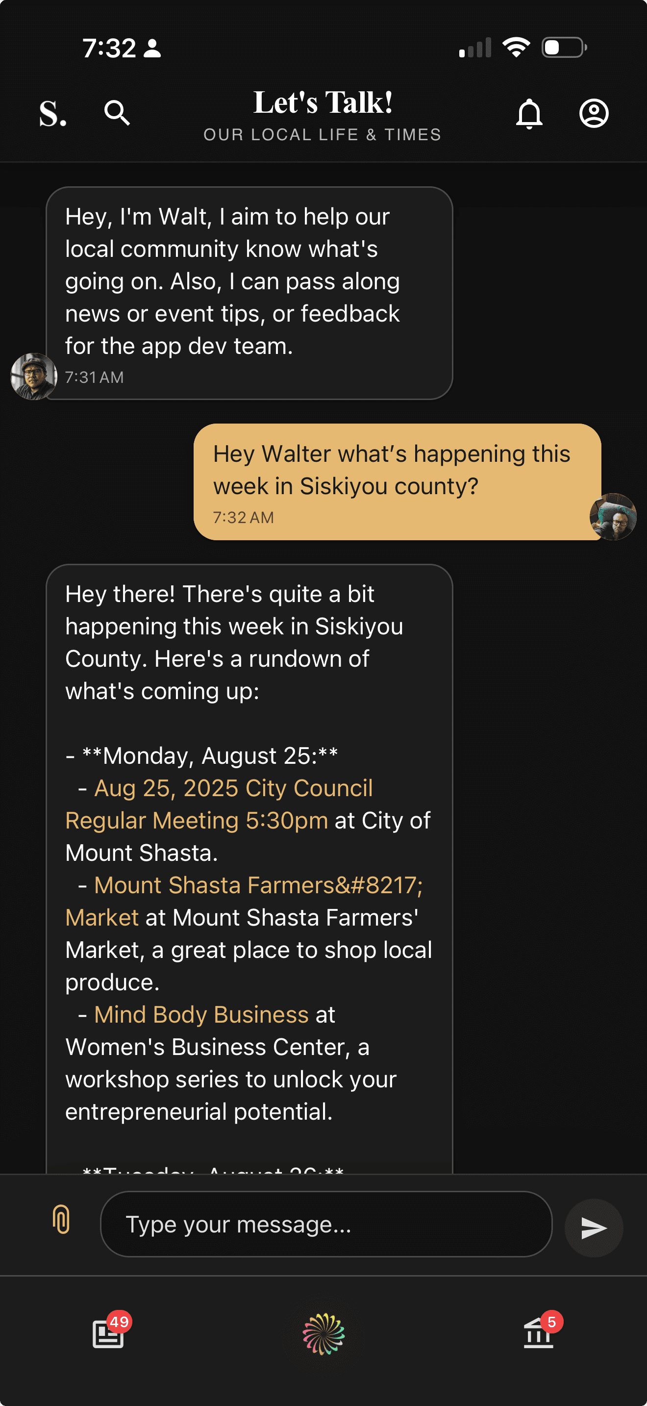 Siskiyou app — Gov't tab with meeting summaries
